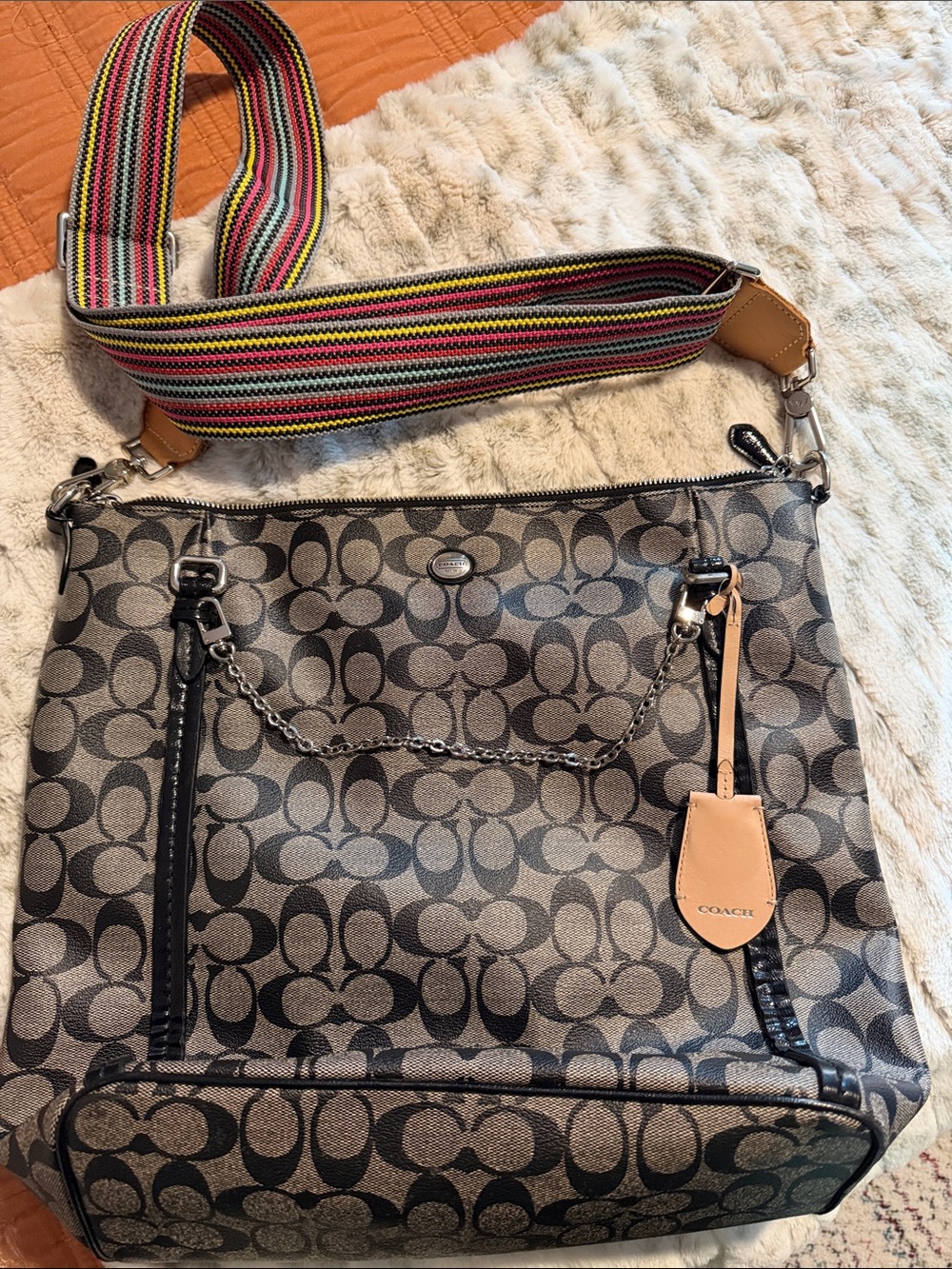 Vintage Coach Black & Grey Signature Canvas Shoulder Bag w/ fun Multicolor Strap